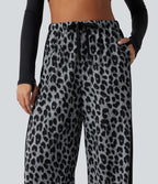 High Waisted Drawstring Wide Leg Leopard Print Color Block Casual Trousers with Pockets — Frosted Panther — view 5