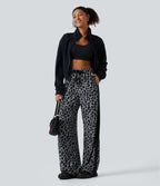 High Waisted Drawstring Wide Leg Leopard Print Color Block Casual Trousers with Pockets — Frosted Panther — view 6