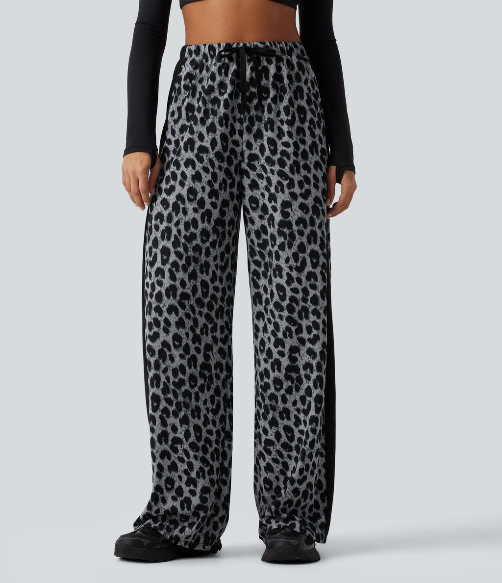 High Waisted Drawstring Wide Leg Leopard Print Color Block Casual Trousers with Pockets — Frosted Panther — view 3