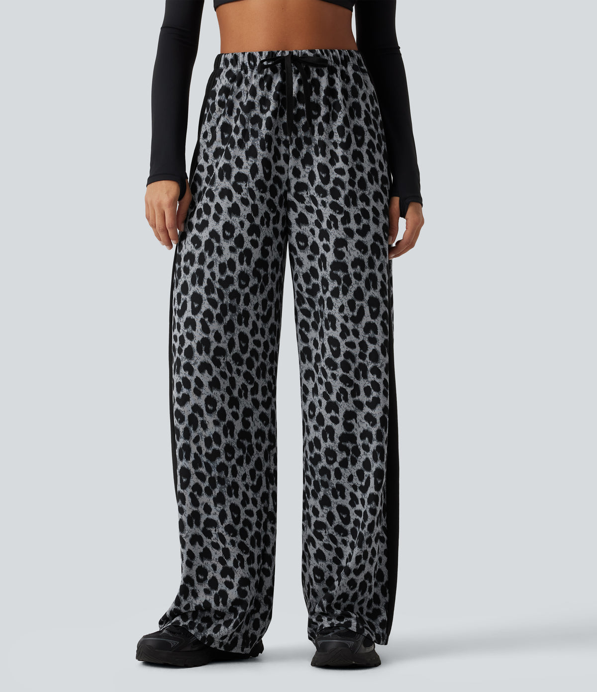 High Waisted Drawstring Wide Leg Leopard Print Color Block Casual Trousers with Pockets — Frosted Panther — view 3
