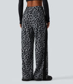 High Waisted Drawstring Wide Leg Leopard Print Color Block Casual Trousers with Pockets — Frosted Panther — view 2