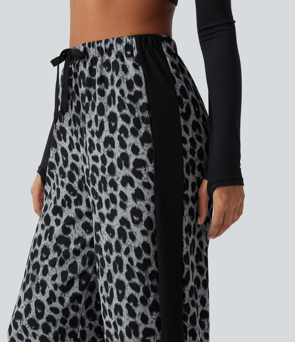 High Waisted Drawstring Wide Leg Leopard Print Color Block Casual Trousers with Pockets — Frosted Panther — view 4