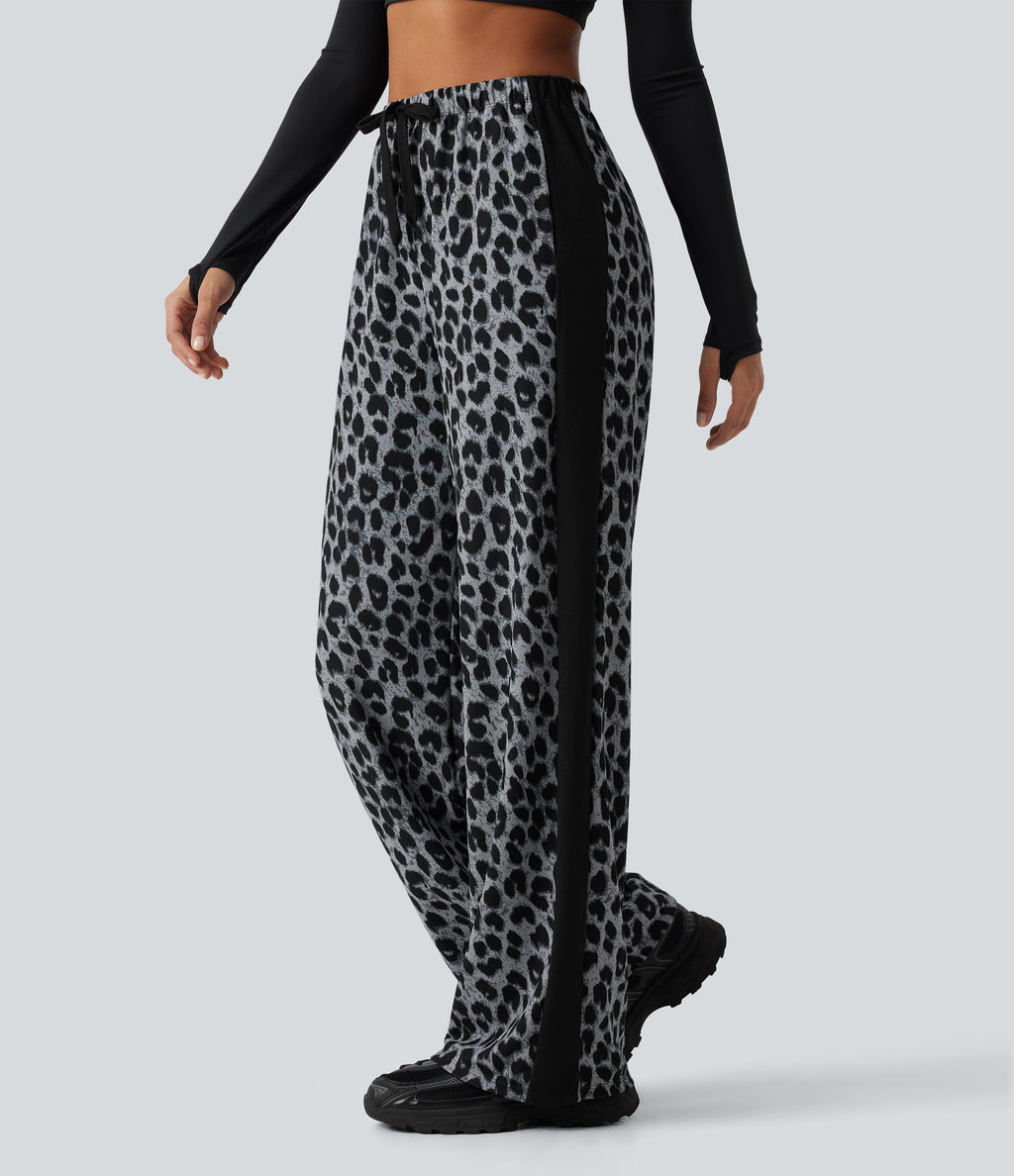 High Waisted Drawstring Wide Leg Leopard Print Color Block Casual Trousers with Pockets — Frosted Panther — view 1