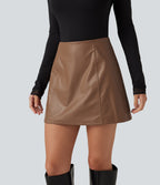 High Waisted 2-in-1 A Line Mini Fleece Casual PU Leather Skirt — Rustic Brown — view 6