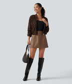 High Waisted 2-in-1 A Line Mini Fleece Casual PU Leather Skirt — Rustic Brown — view 7