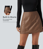 High Waisted 2-in-1 A Line Mini Fleece Casual PU Leather Skirt — Rustic Brown — view 1