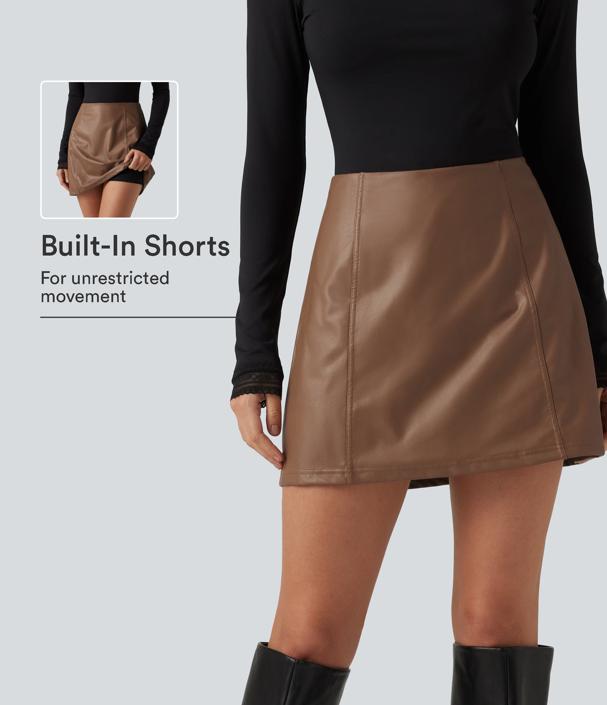 High Waisted 2-in-1 A Line Mini Fleece Casual PU Leather Skirt — Rustic Brown — view 1