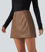 High Waisted 2-in-1 A Line Mini Fleece Casual PU Leather Skirt — Rustic Brown — view 3