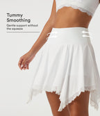 High Waisted Tummy Control Contrast Lace A-Line Workout Mini Skirt with Built-in Shorts and Pockets — White — view 1