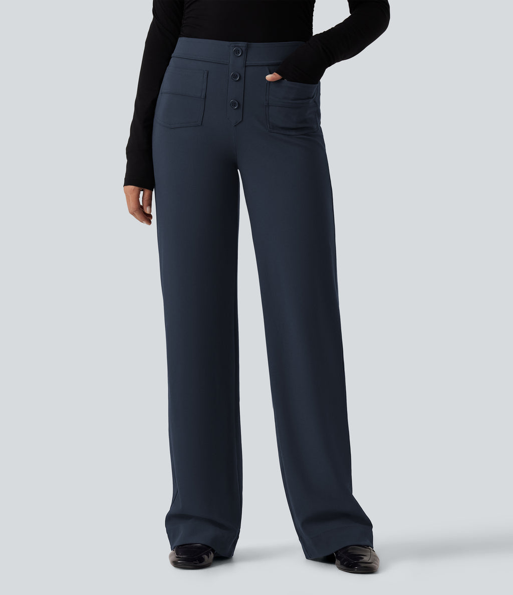 Low Rise Straight Leg Work Trousers with Pockets — Midnight Blue — view 1