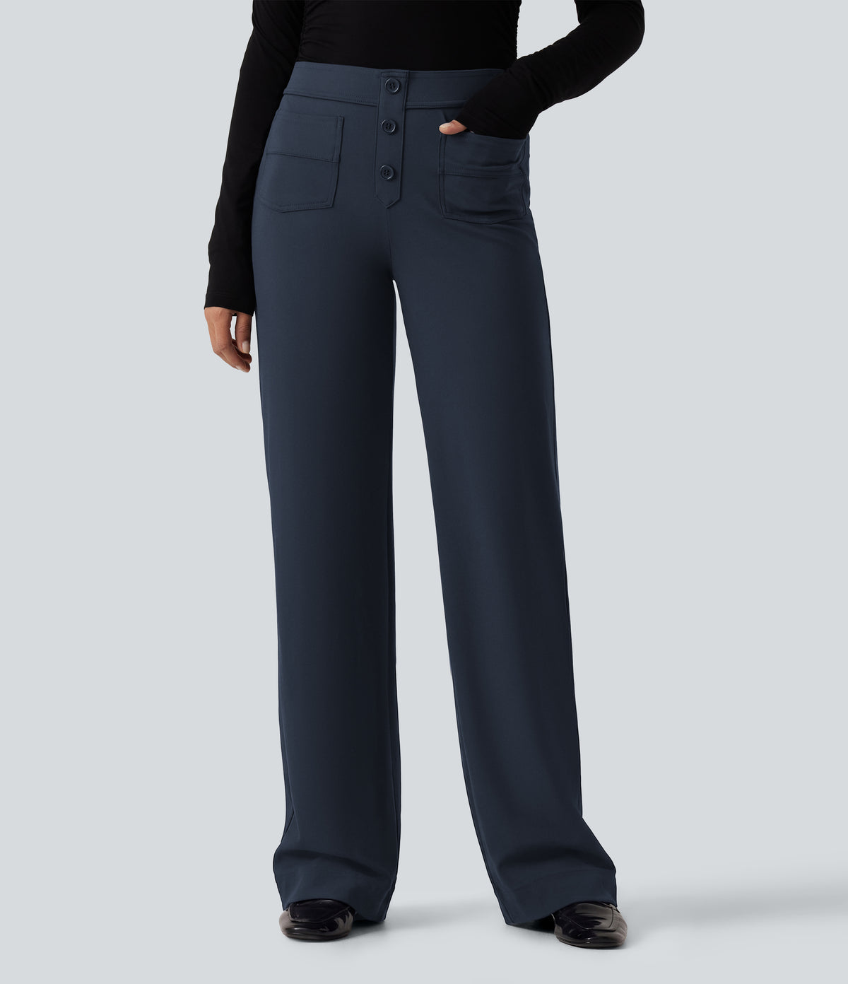 Low Rise Straight Leg Work Trousers with Pockets — Midnight Blue — view 1