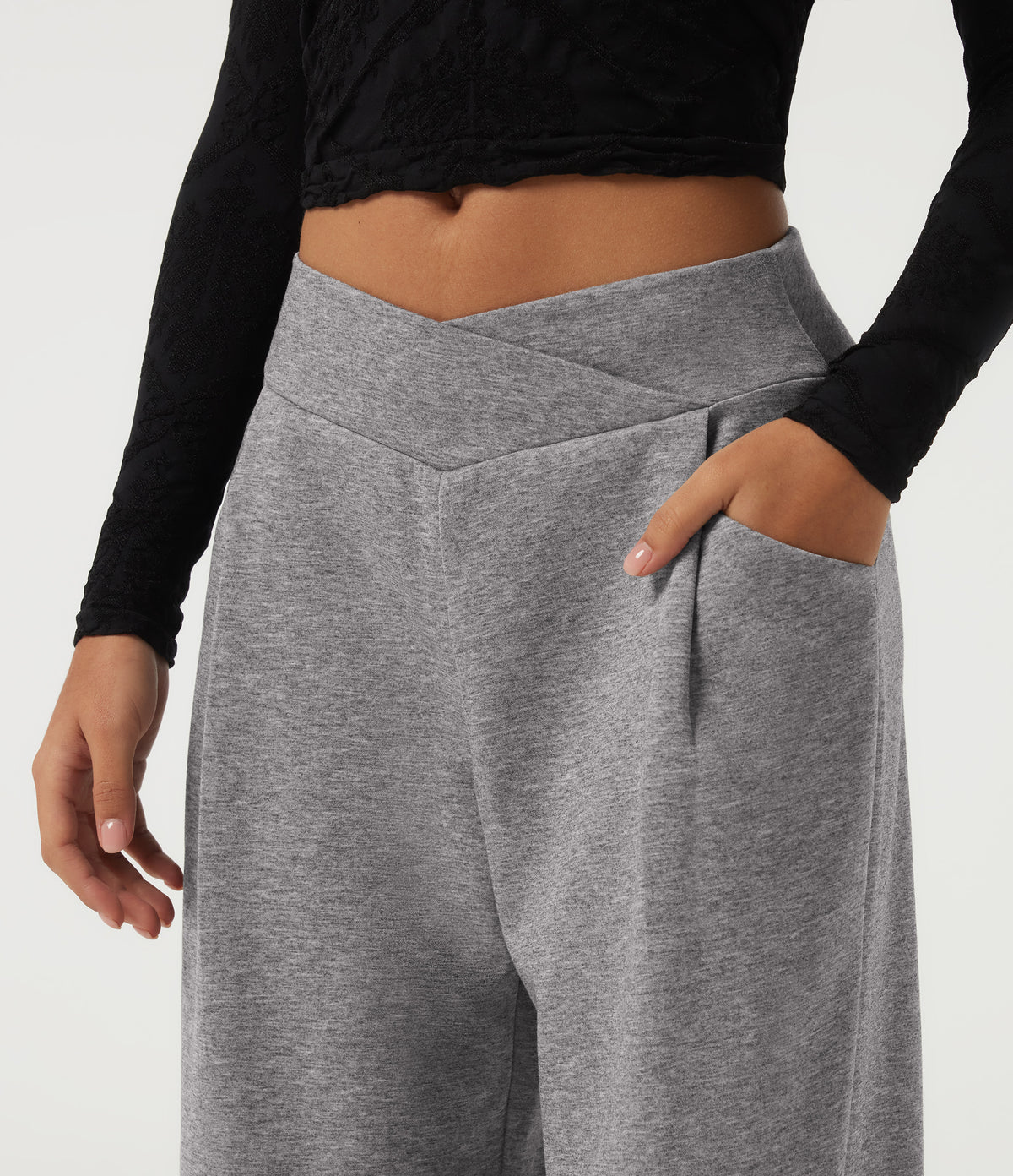 Mid Rise Crossover Wide Leg Casual Sweatpants with Pockets — December Sky — view 4