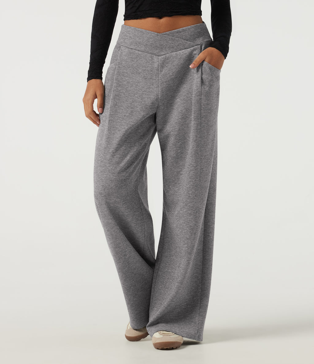 Mid Rise Crossover Wide Leg Casual Sweatpants with Pockets — December Sky — view 1