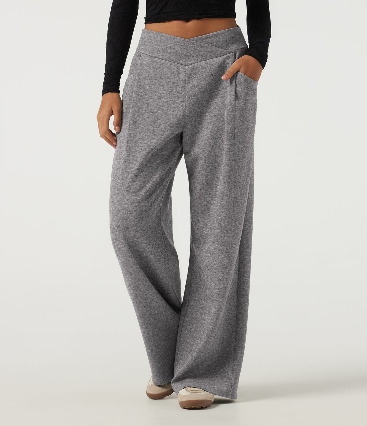 Mid Rise Crossover Wide Leg Casual Sweatpants with Pockets — December Sky — view 1