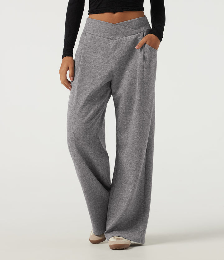Mid Rise Crossover Wide Leg Casual Sweatpants with Pockets — December Sky — view 1