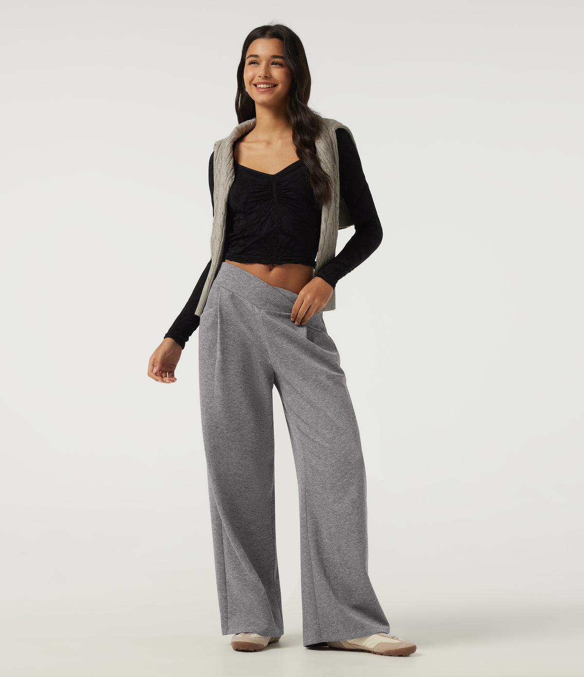 Mid Rise Crossover Wide Leg Casual Sweatpants with Pockets — December Sky — view 7
