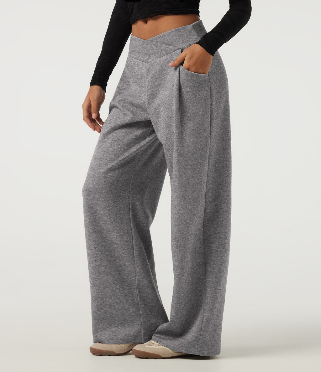 Mid Rise Crossover Wide Leg Casual Sweatpants with Pockets — December Sky — view 3