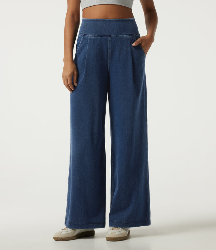 High Waisted Wide Leg Casual Cotton Jeans with Pockets — Estate Blue Denim — view 1