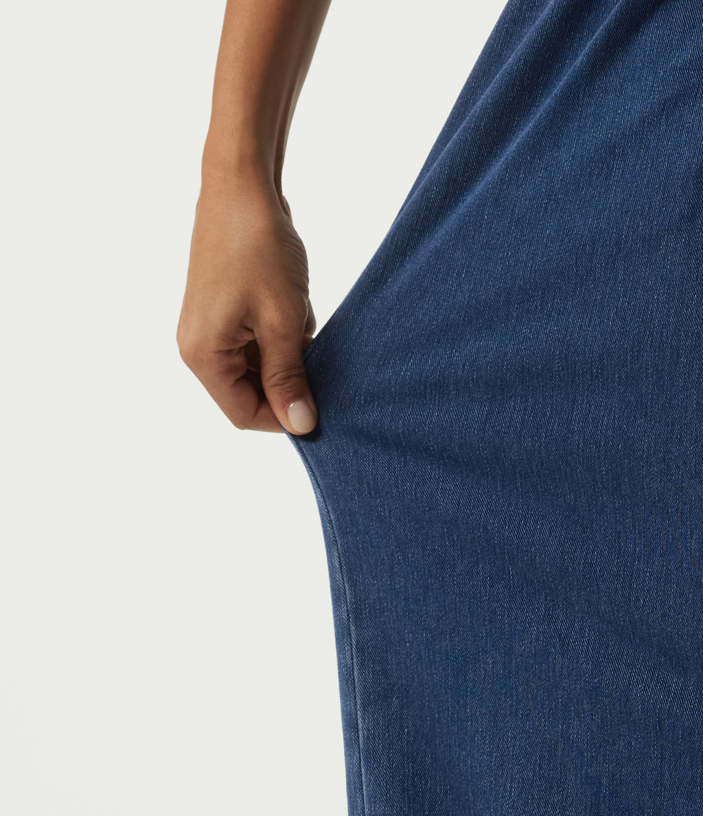 High Waisted Wide Leg Casual Cotton Jeans with Pockets — Estate Blue Denim — view 6