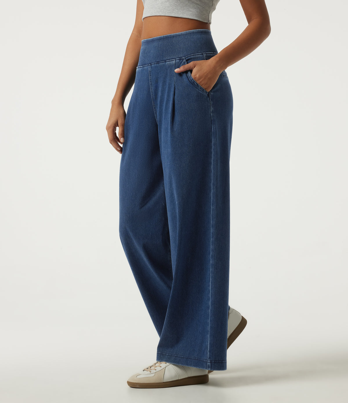 High Waisted Wide Leg Casual Cotton Jeans with Pockets — Estate Blue Denim — view 3