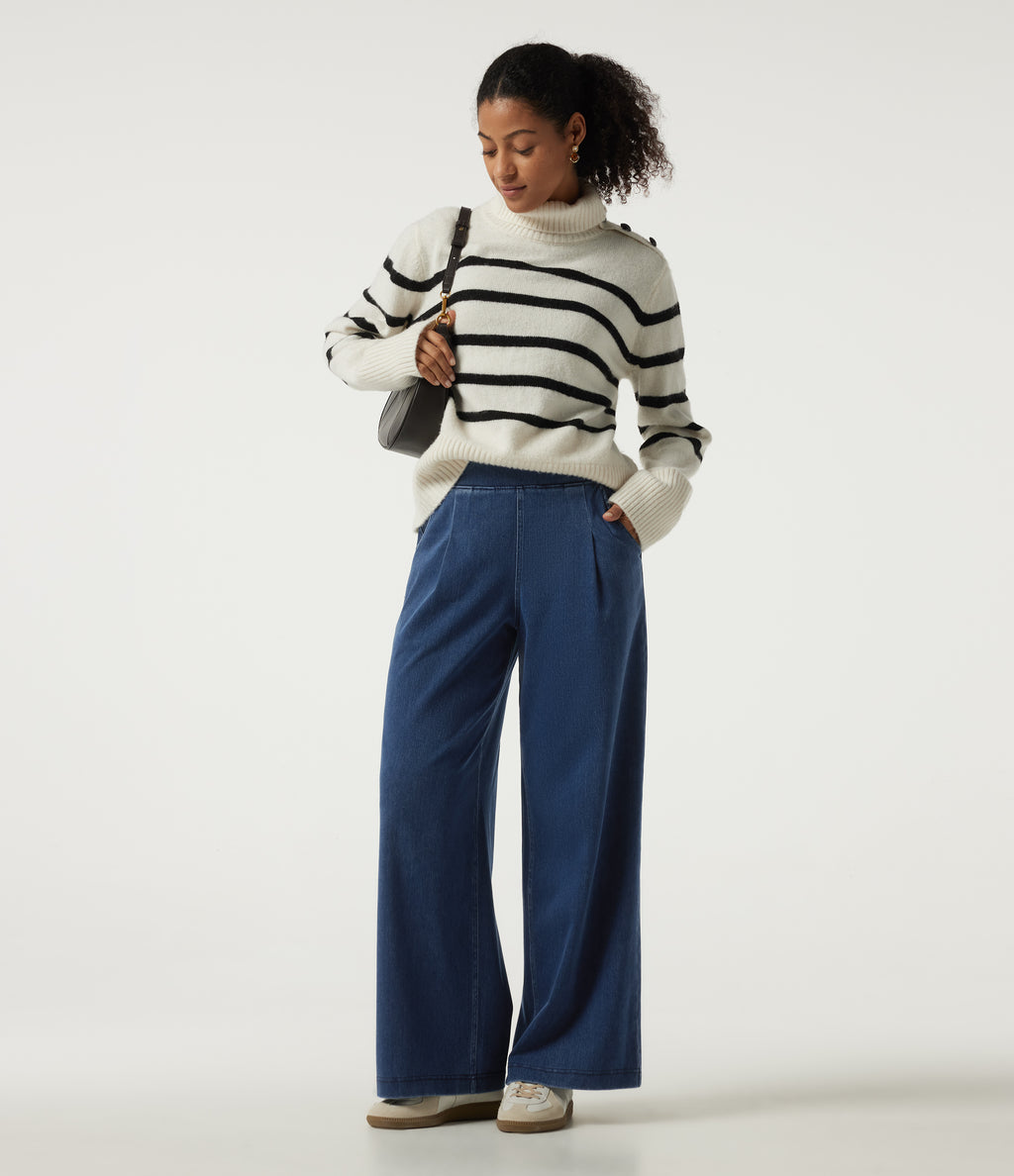 High Waisted Wide Leg Casual Cotton Jeans with Pockets — Estate Blue Denim — view 7