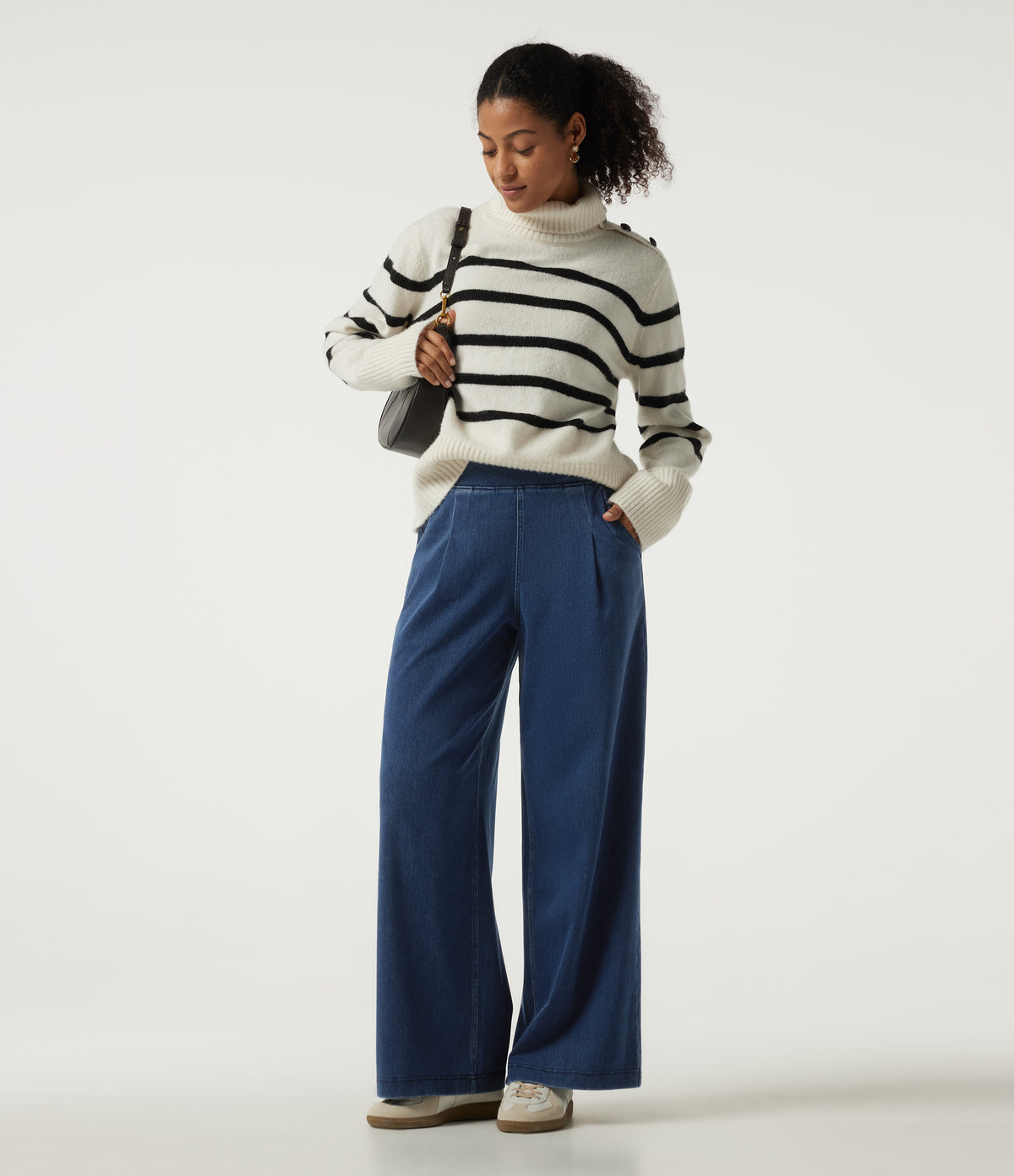 High Waisted Wide Leg Casual Cotton Jeans with Pockets — Estate Blue Denim — view 7