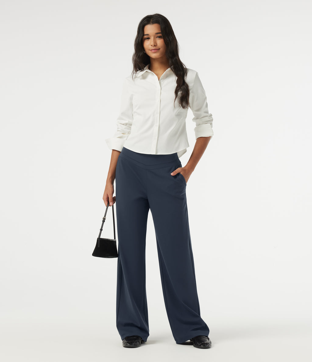 High Waisted Straight Leg Work Trousers with Pockets — Midnight Blue — view 7