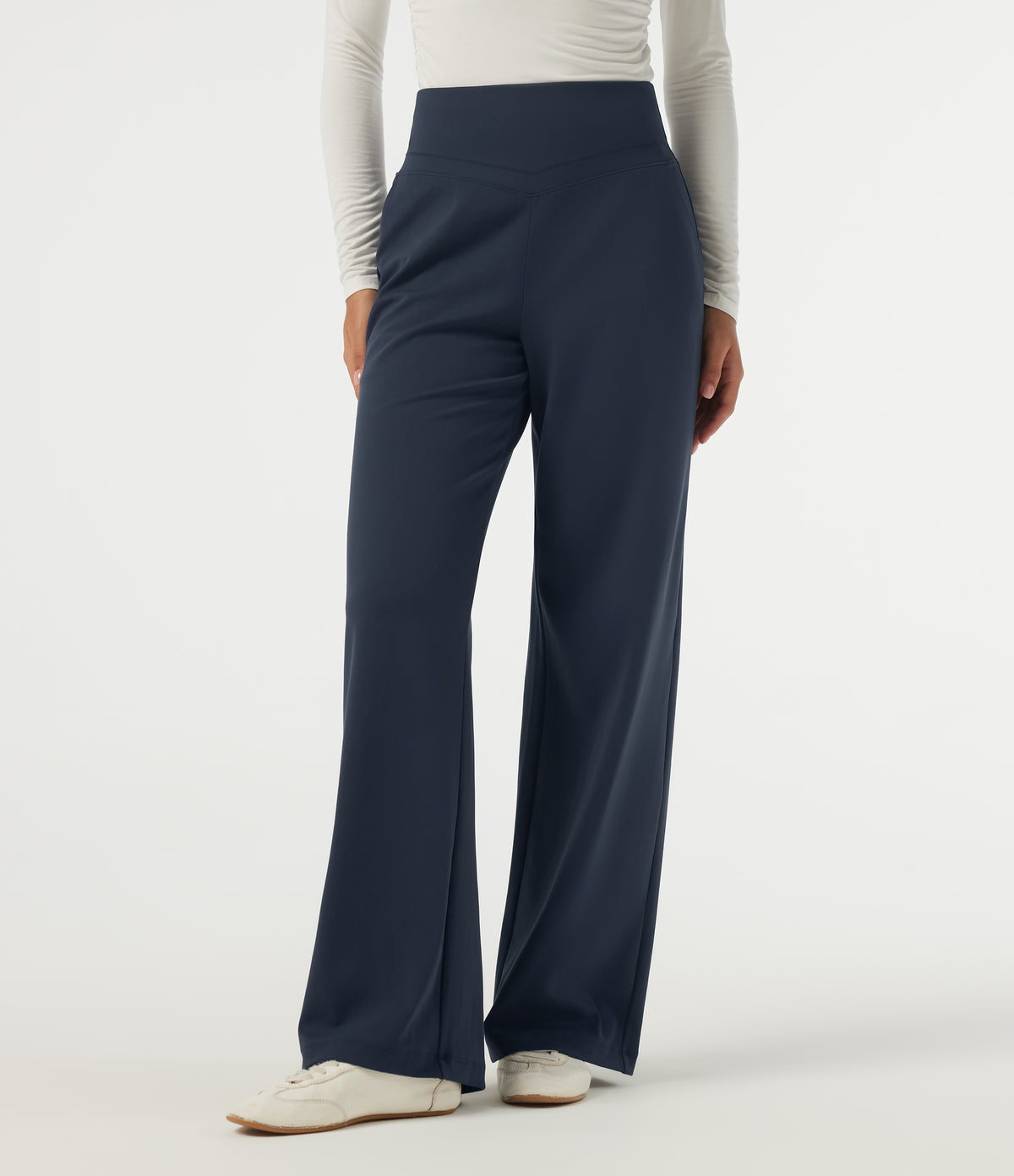 High Waisted Straight Leg Work Trousers with Pockets — Midnight Blue — view 3