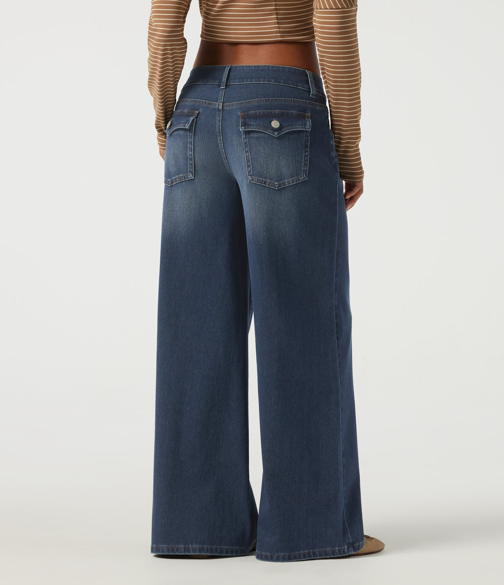 Low Rise Baggy Casual Cotton Jeans with Pockets — Estate Blue Denim — view 2