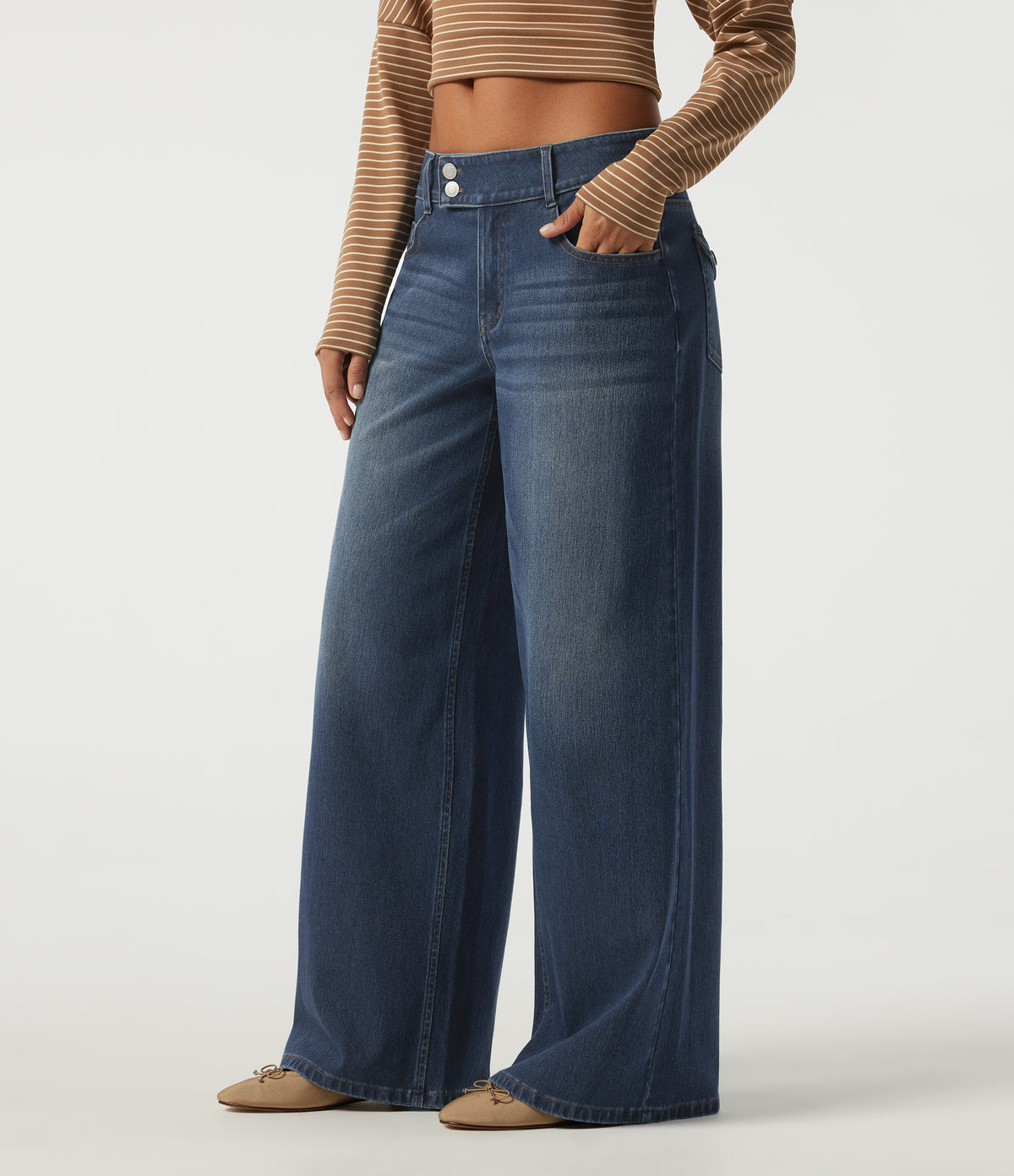 Low Rise Baggy Casual Cotton Jeans with Pockets — Estate Blue Denim — view 3