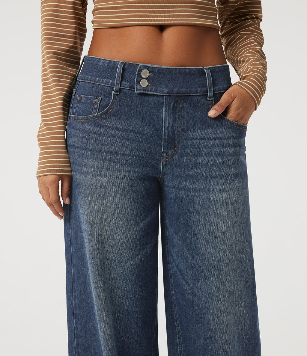Low Rise Baggy Casual Cotton Jeans with Pockets — Estate Blue Denim — view 4
