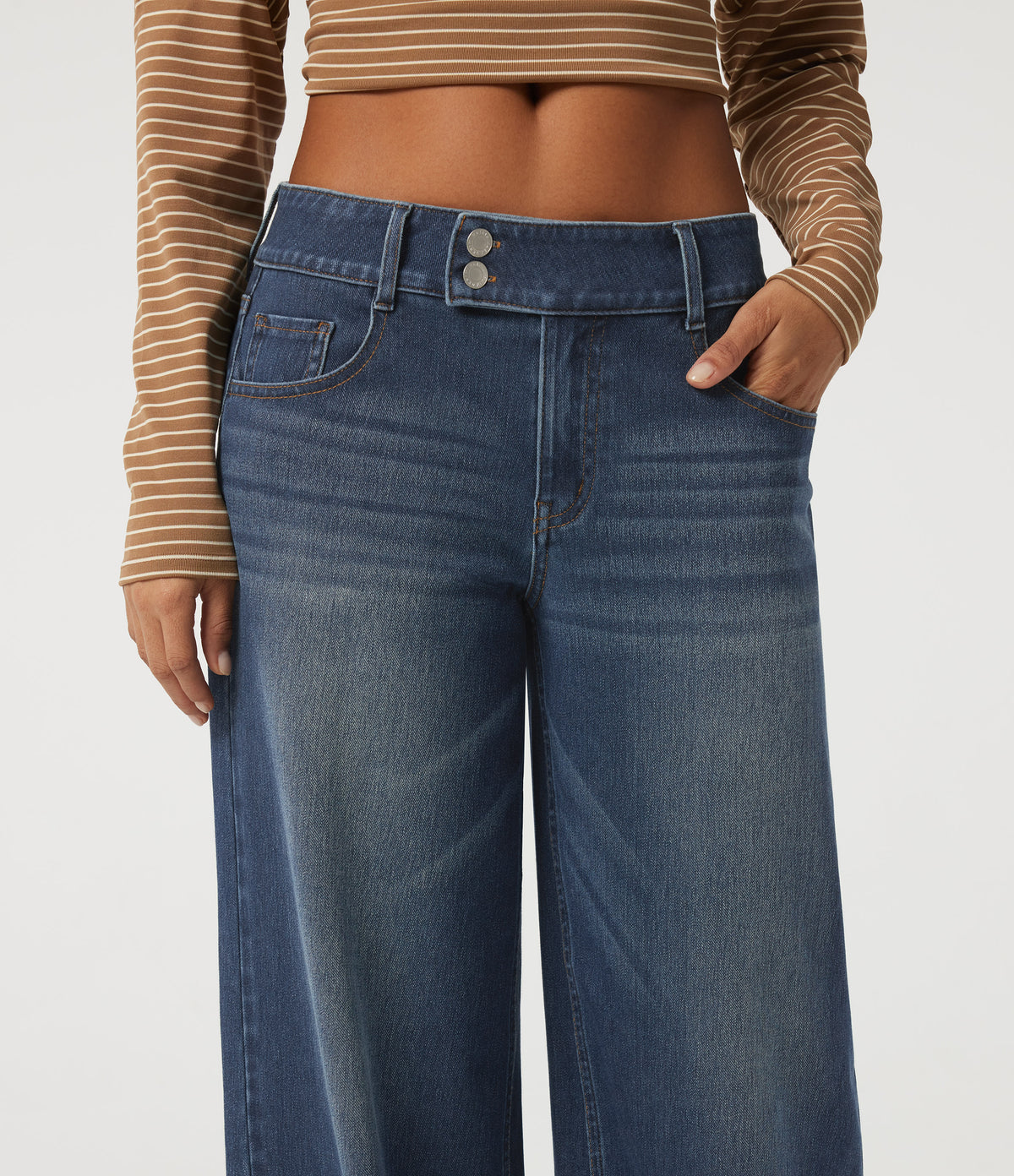 Low Rise Baggy Casual Cotton Jeans with Pockets — Estate Blue Denim — view 4