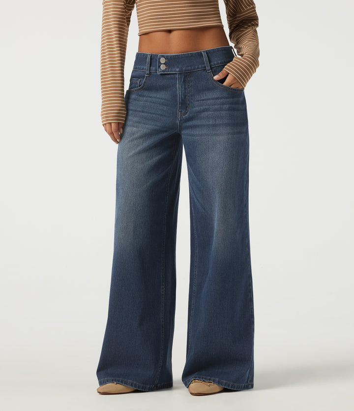 Low Rise Baggy Casual Cotton Jeans with Pockets — Estate Blue Denim — view 1