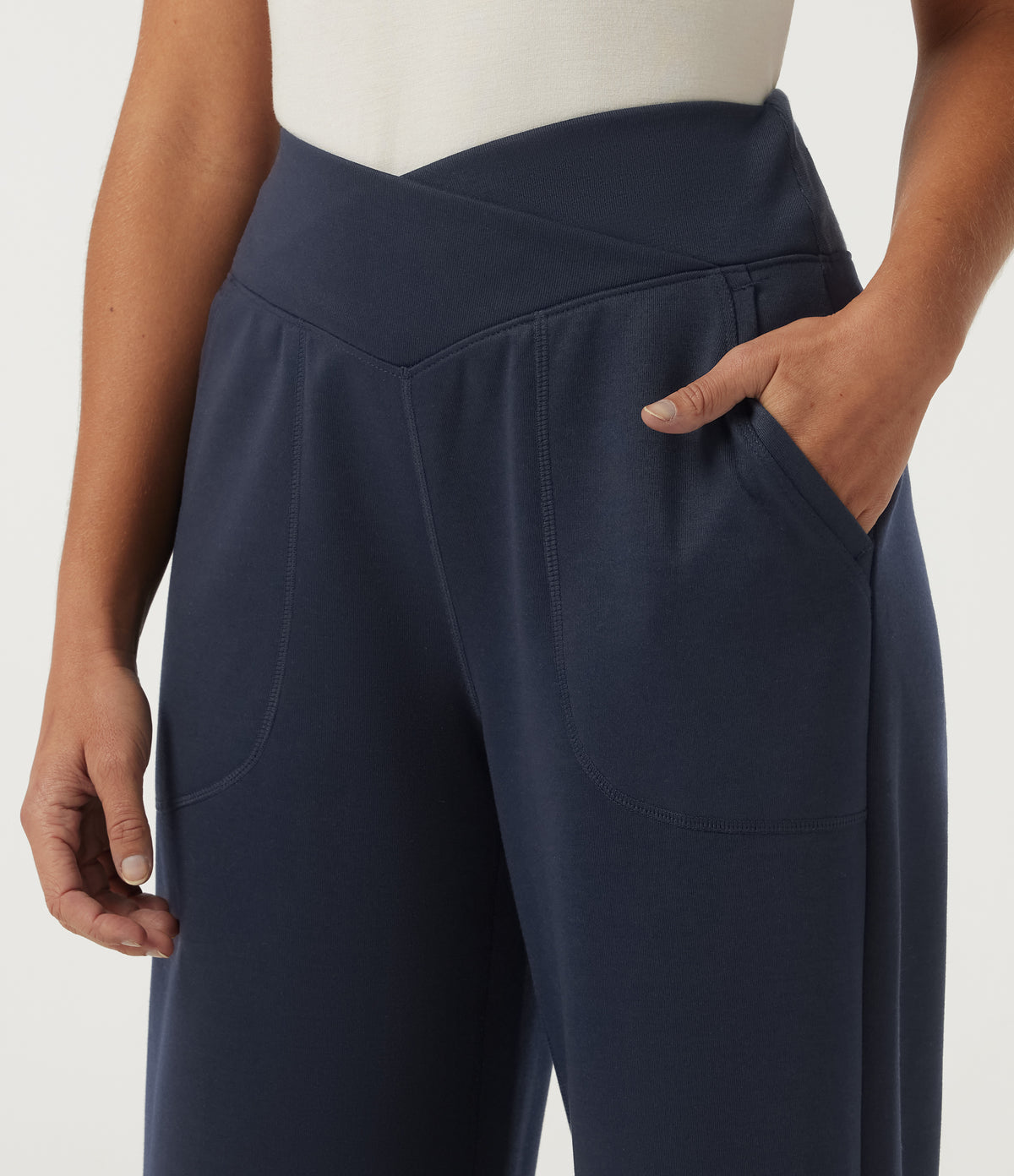 Mid Rise Crossover Wide Leg Split Hem Casual Sweatpants with Pockets — Navy Blazer — view 4