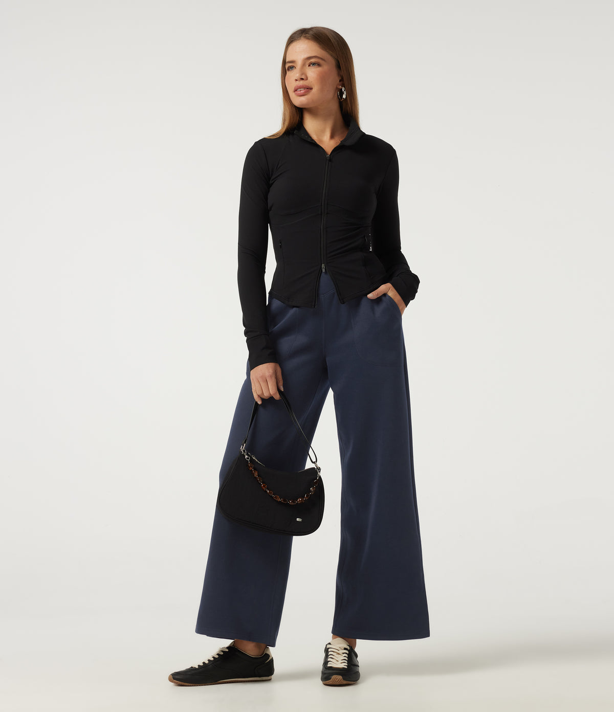 Mid Rise Crossover Wide Leg Split Hem Casual Sweatpants with Pockets — Navy Blazer — view 8