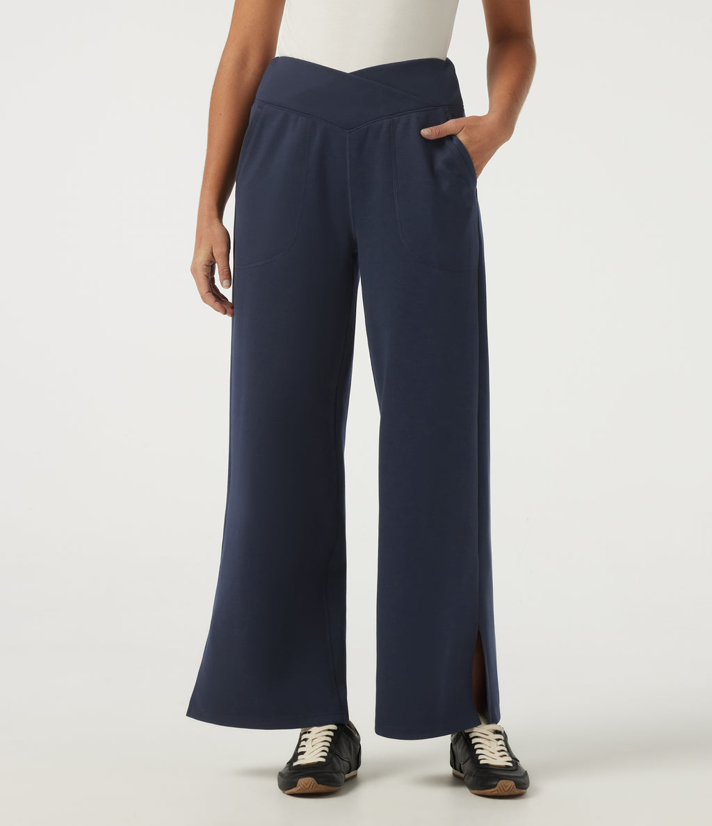 Mid Rise Crossover Wide Leg Split Hem Casual Sweatpants with Pockets — Navy Blazer — view 1