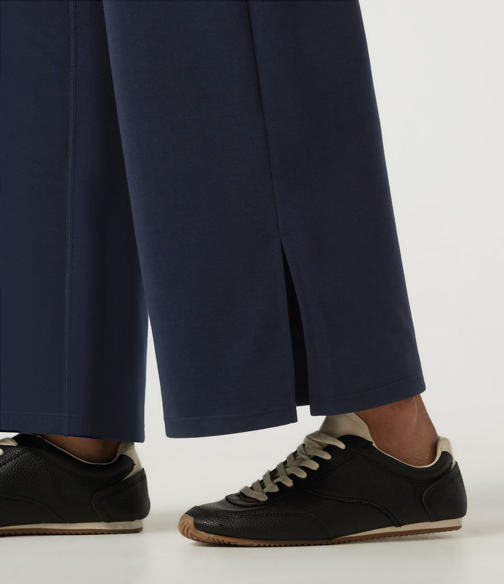 Mid Rise Crossover Wide Leg Split Hem Casual Sweatpants with Pockets — Navy Blazer — view 7