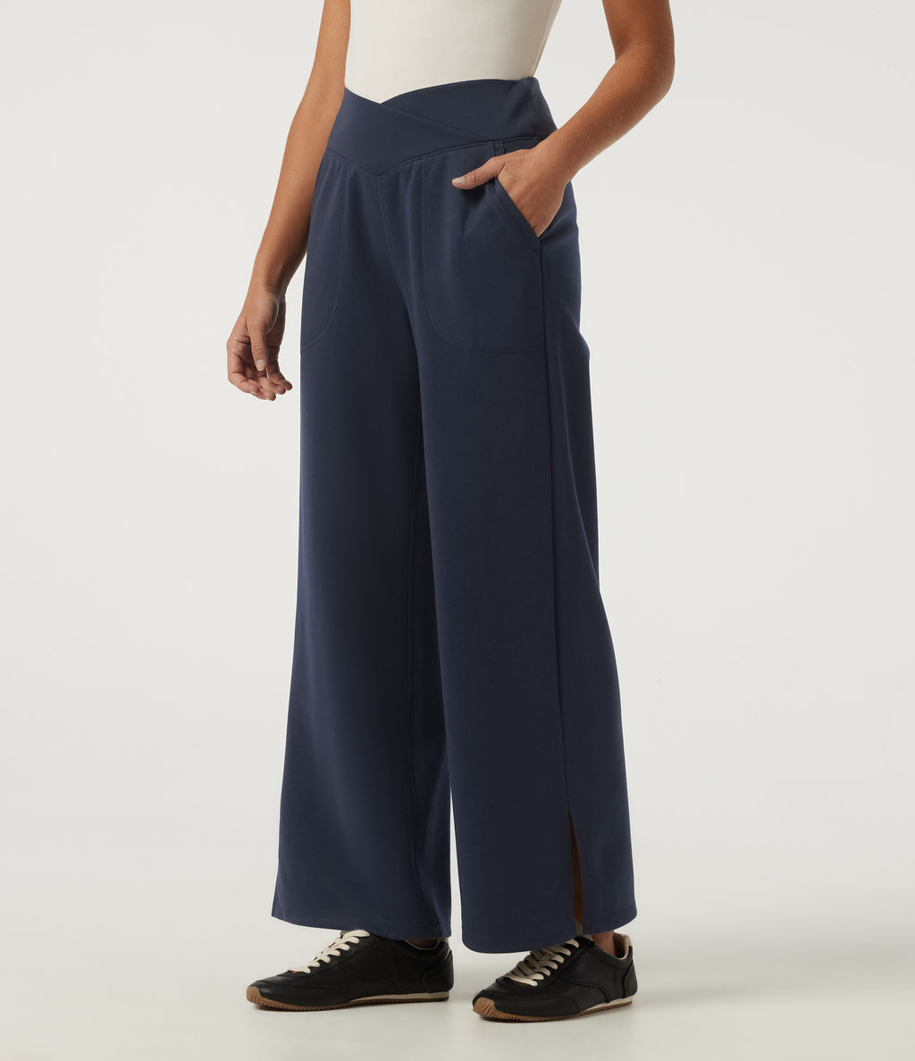 Mid Rise Crossover Wide Leg Split Hem Casual Sweatpants with Pockets — Navy Blazer — view 3