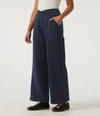 Mid Rise Crossover Wide Leg Split Hem Casual Sweatpants with Pockets — Navy Blazer — view 3