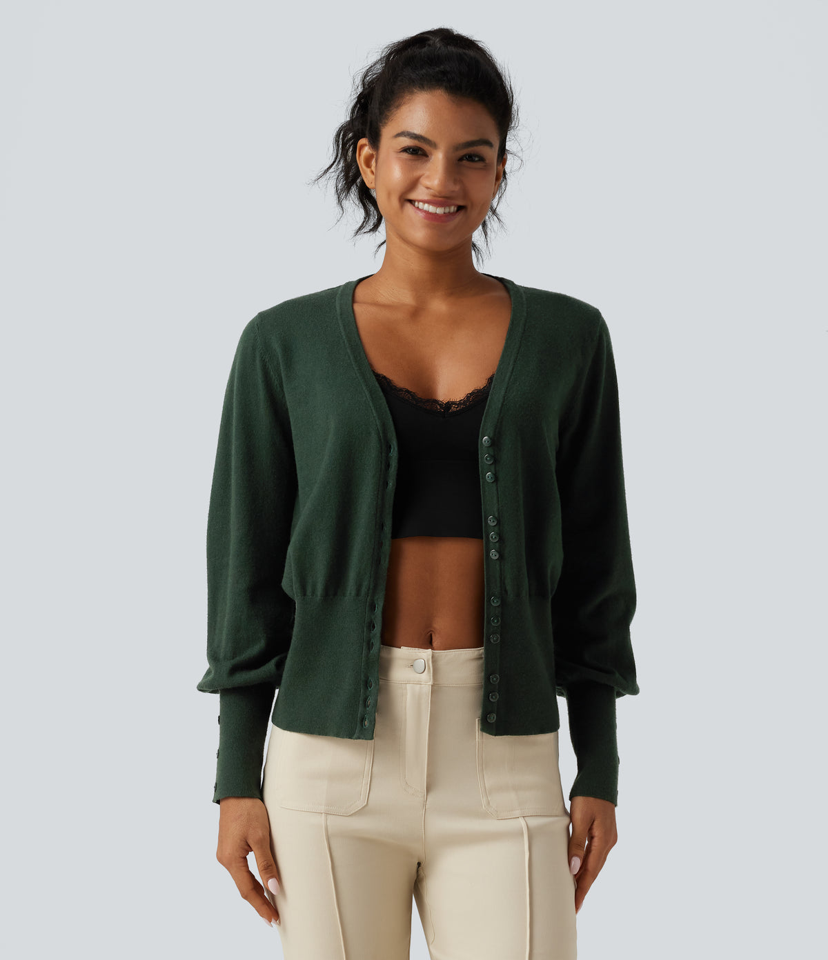 V Neck Bishop Long Sleeve Work Cardigan — Sycamore — view 4