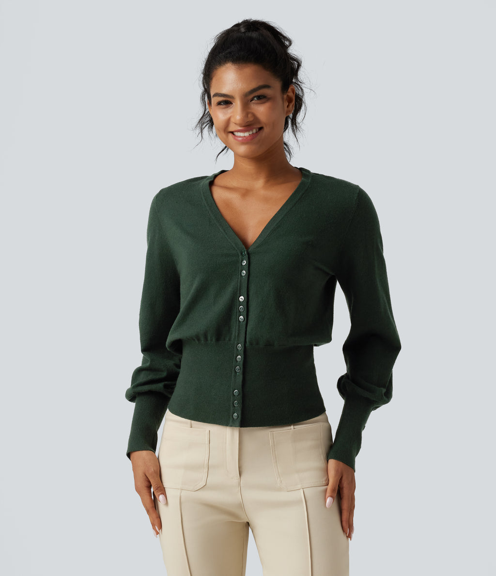 V Neck Bishop Long Sleeve Work Cardigan — Sycamore — view 1