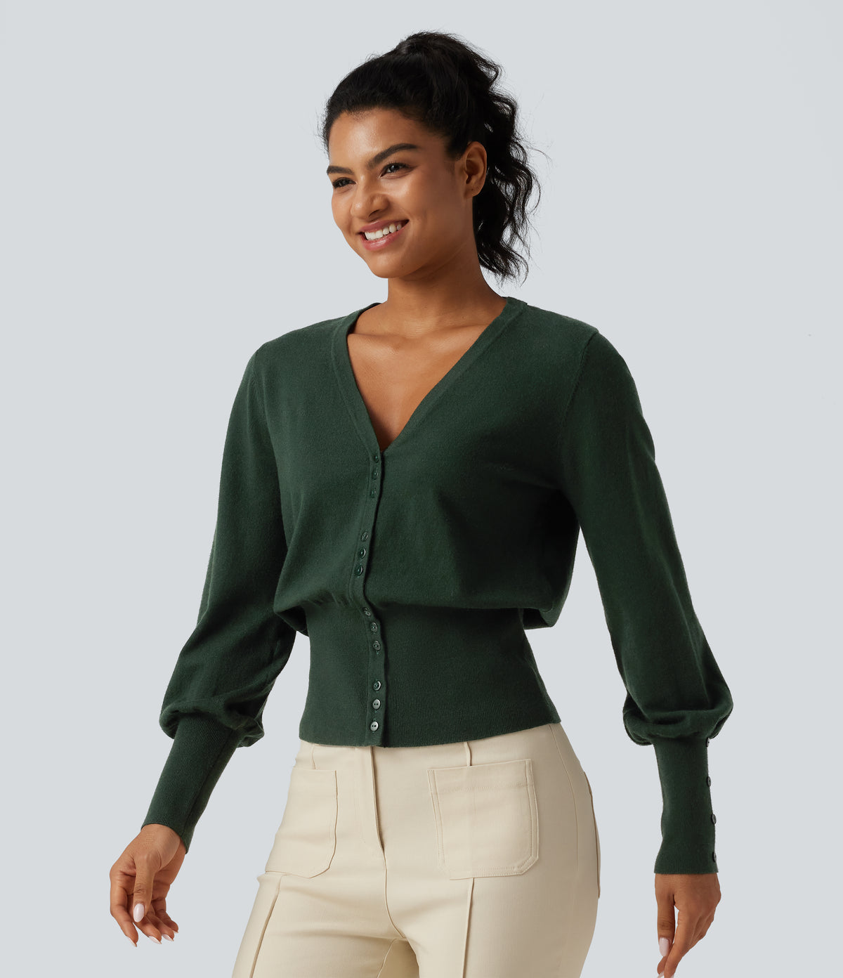 V Neck Bishop Long Sleeve Work Cardigan — Sycamore — view 3