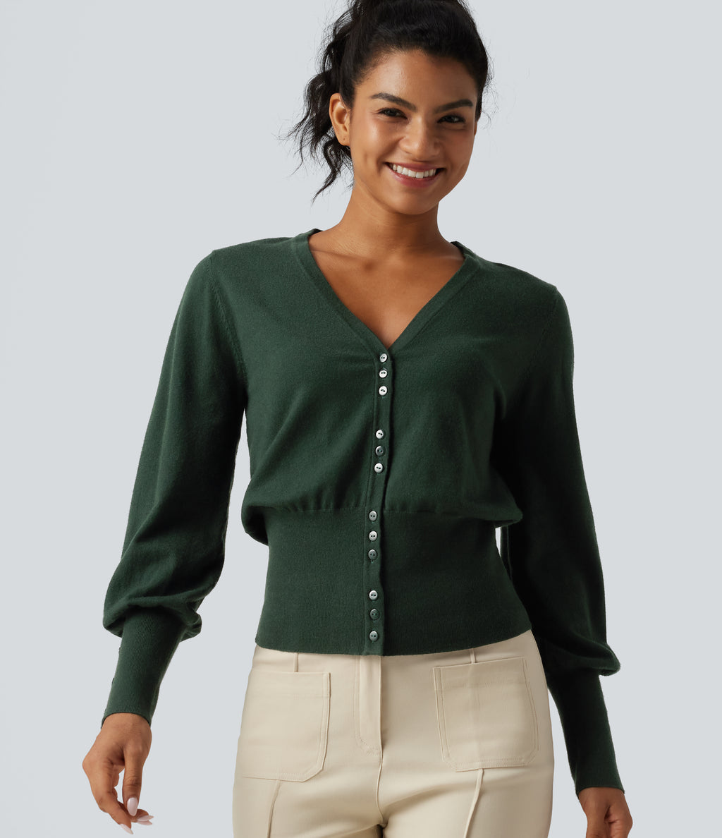V Neck Bishop Long Sleeve Work Cardigan — Sycamore — view 5