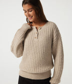 Henley Neck Drop Shoulder Long Sleeve Casual Jumper — French Oak — view 5