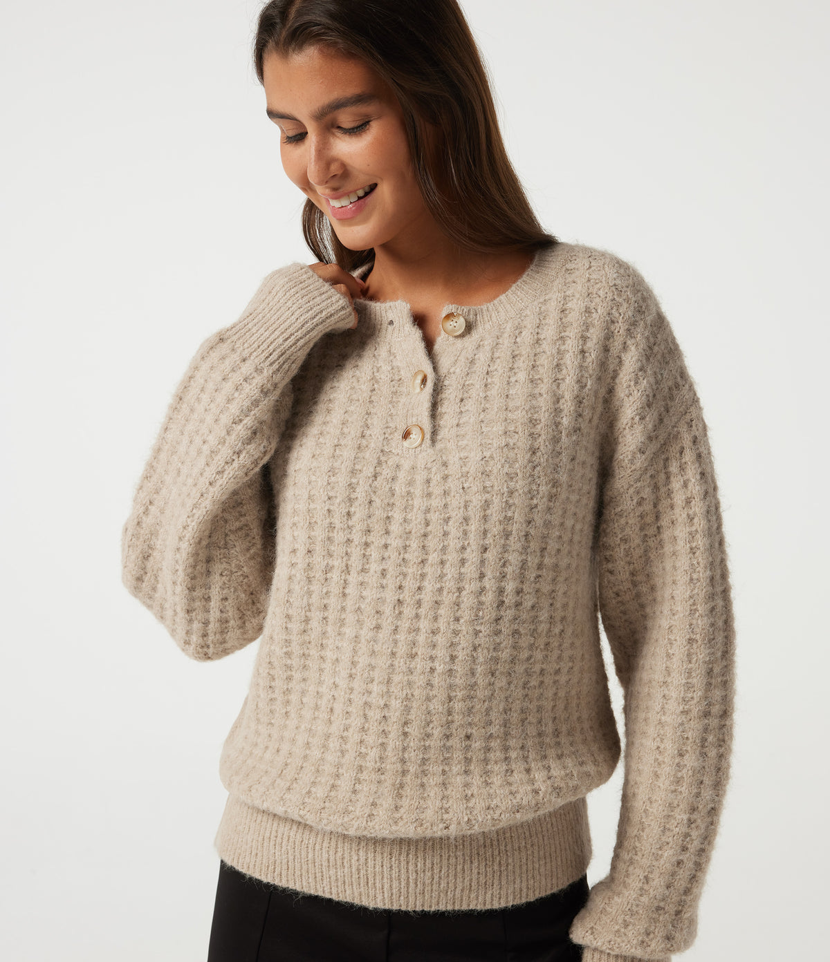 Henley Neck Drop Shoulder Long Sleeve Casual Jumper — French Oak — view 5
