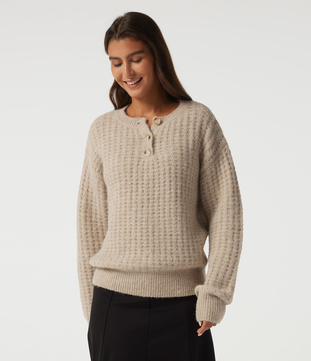 Henley Neck Drop Shoulder Long Sleeve Casual Jumper — French Oak — view 4