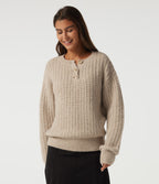 Henley Neck Drop Shoulder Long Sleeve Casual Jumper — French Oak — view 4