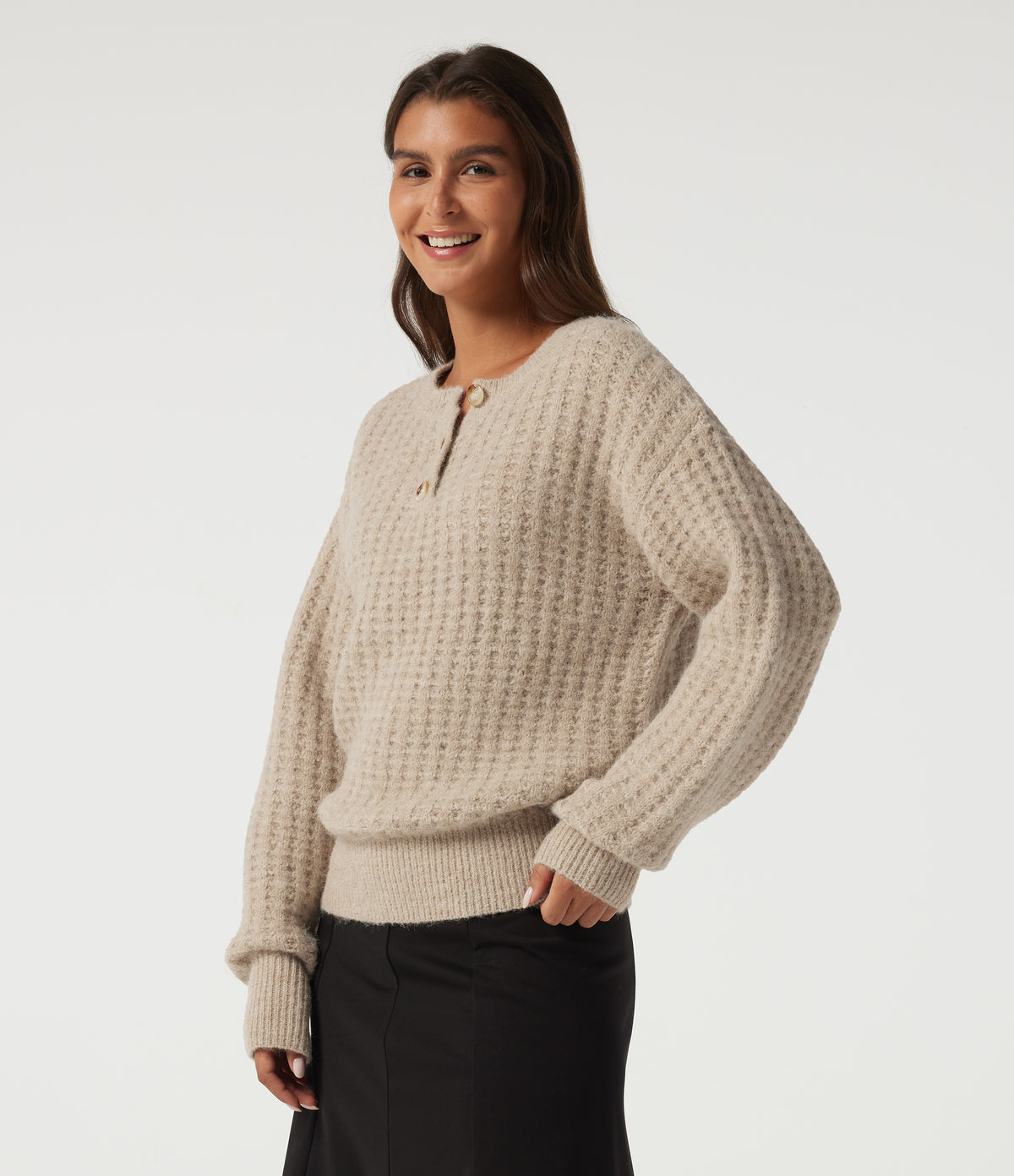 Henley Neck Drop Shoulder Long Sleeve Casual Jumper — French Oak — view 3