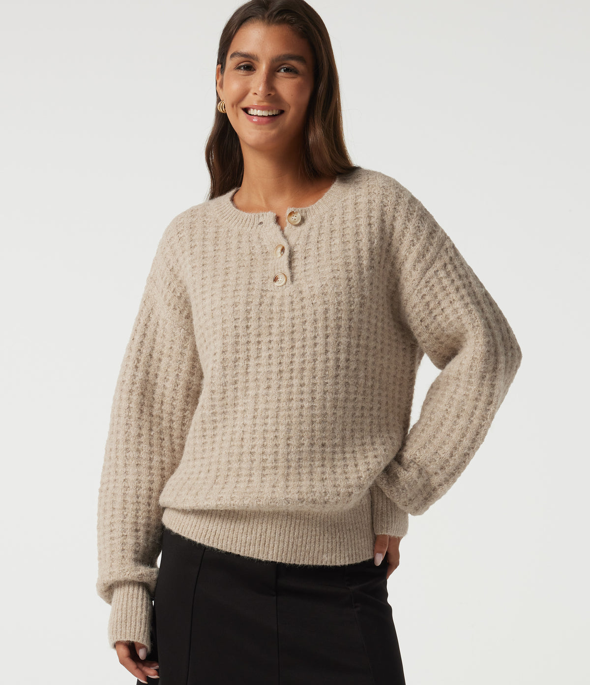 Henley Neck Drop Shoulder Long Sleeve Casual Jumper — French Oak — view 1