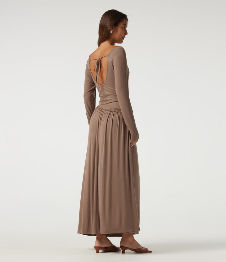 Ribbed Knit Cowl Neck Long Sleeve Ruched Lace Up Asymmetric Casual Maxi Dress — Beaver Fur — view 1